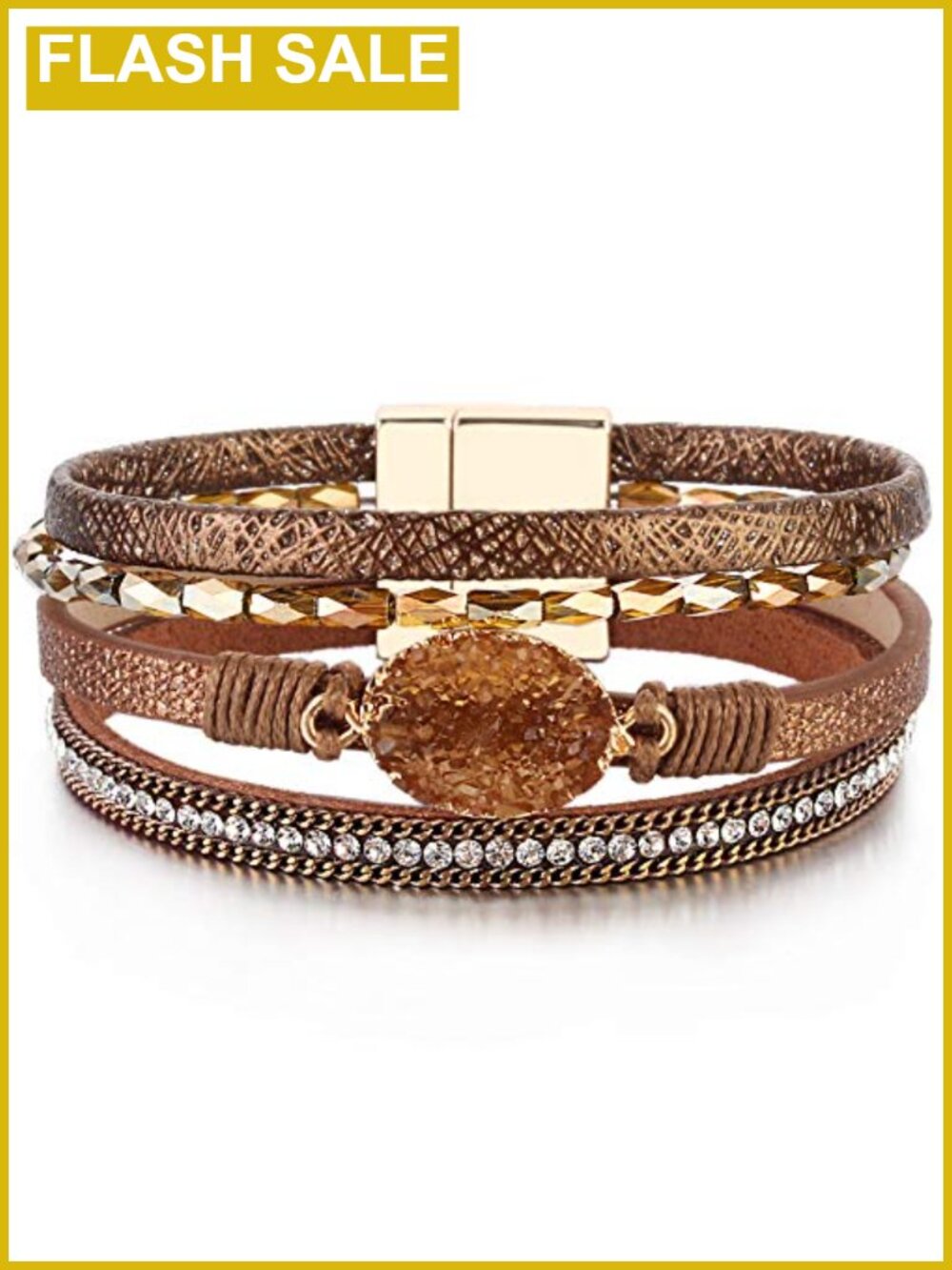 Boho Chunky Leather Wrap Bracelet with Crystal Beads and Magnetic Clasp